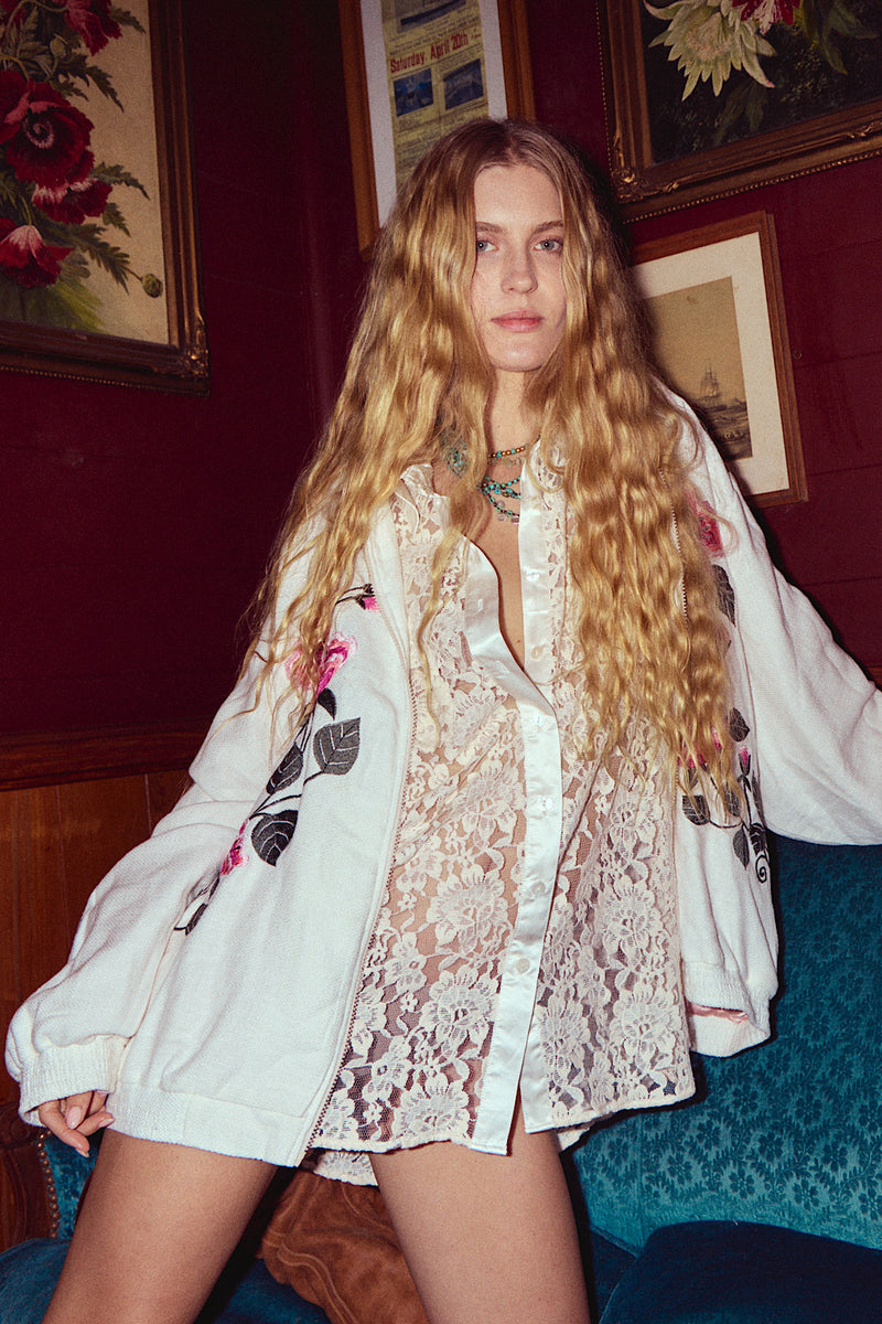 Country Rose Embroidered Cotton + Silk Bomber Jacket