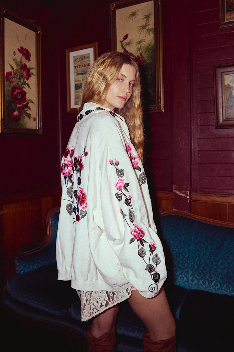Country Rose Embroidered Cotton + Silk Bomber Jacket