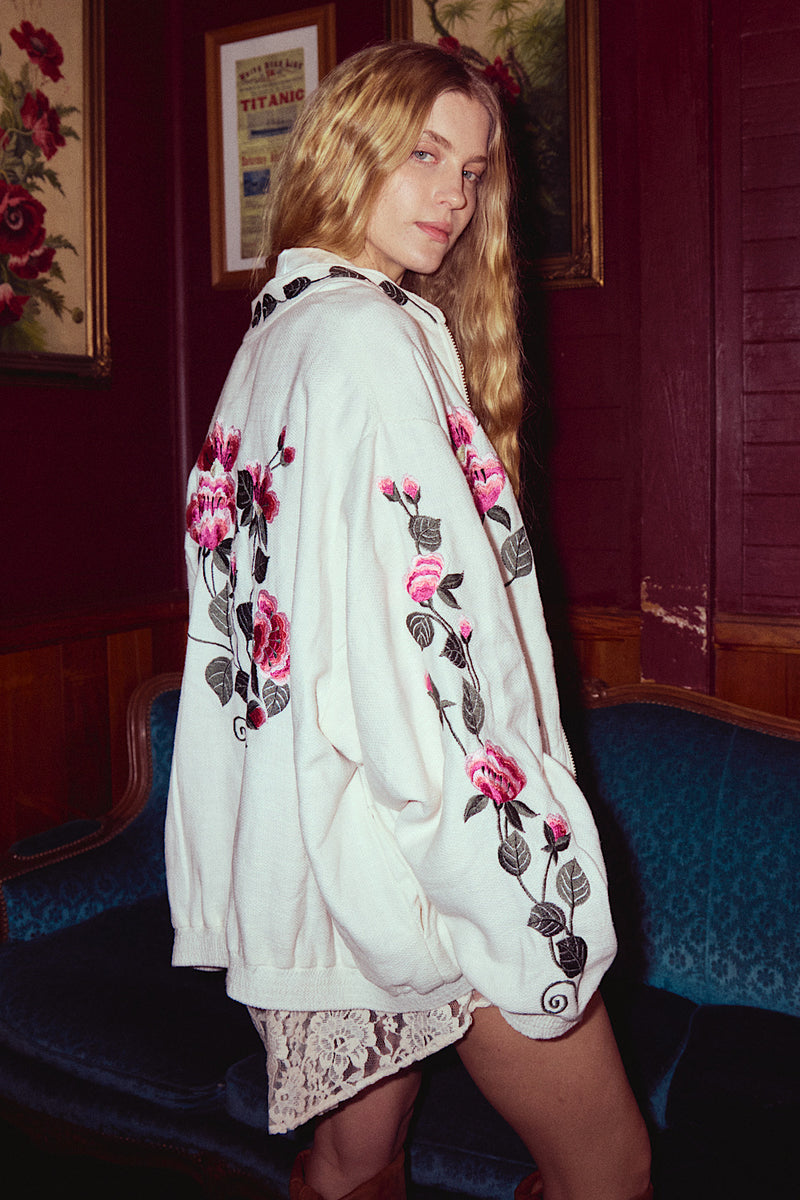 Country Rose Embroidered Cotton + Silk Bomber Jacket