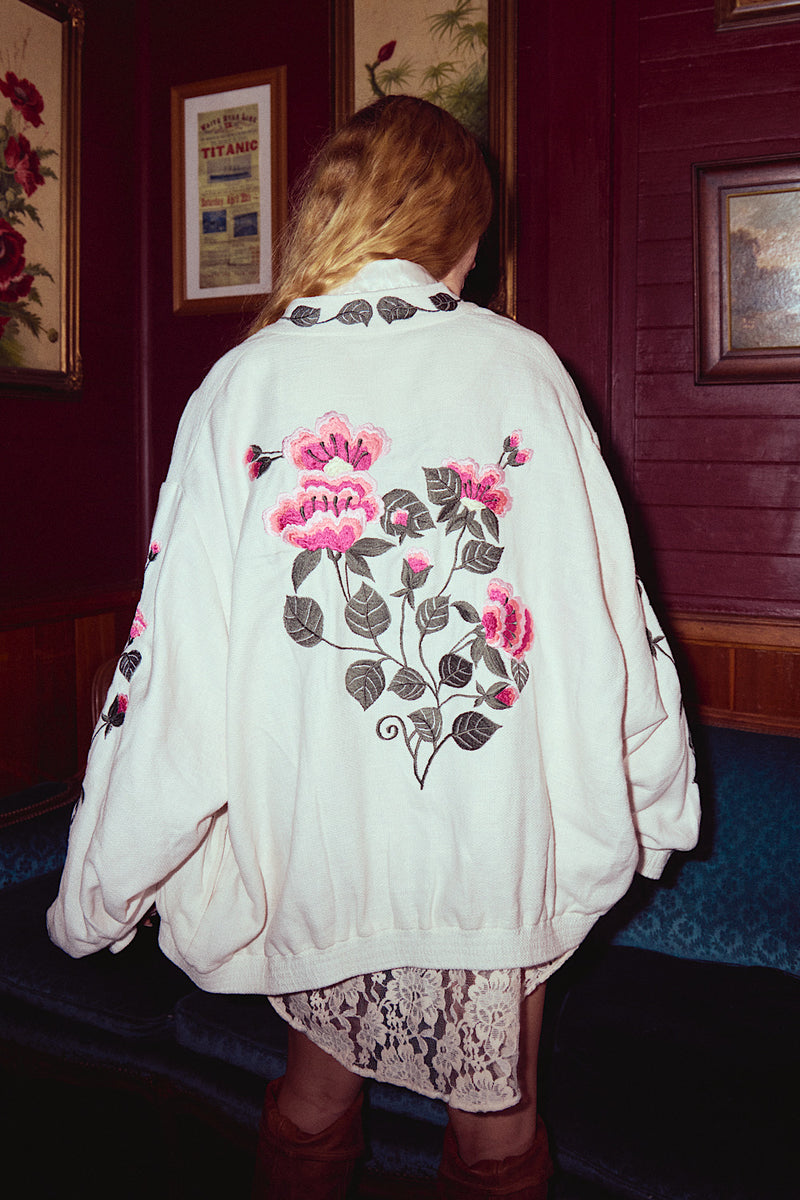 Country Rose Embroidered Cotton + Silk Bomber Jacket
