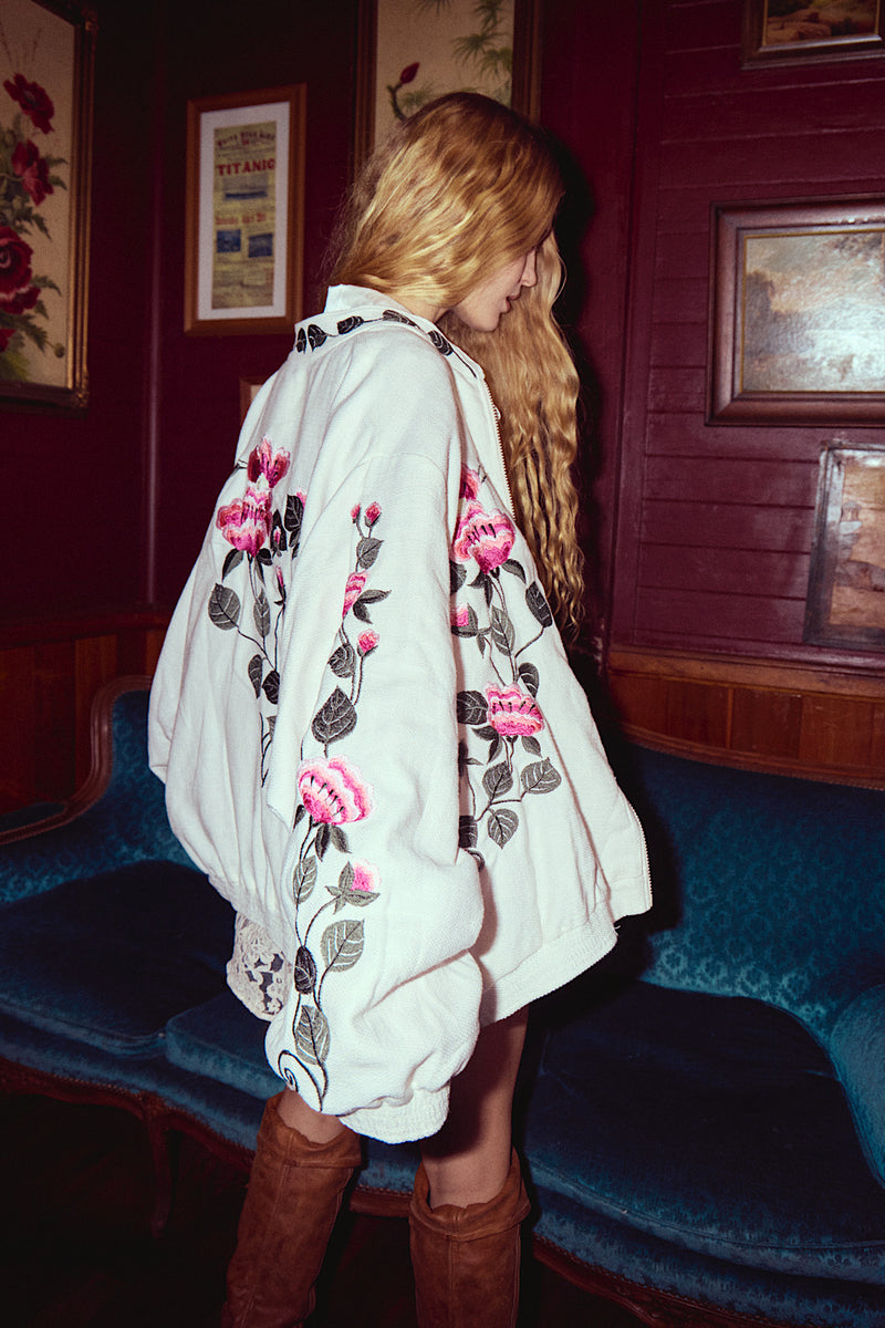 Country Rose Embroidered Cotton + Silk Bomber Jacket