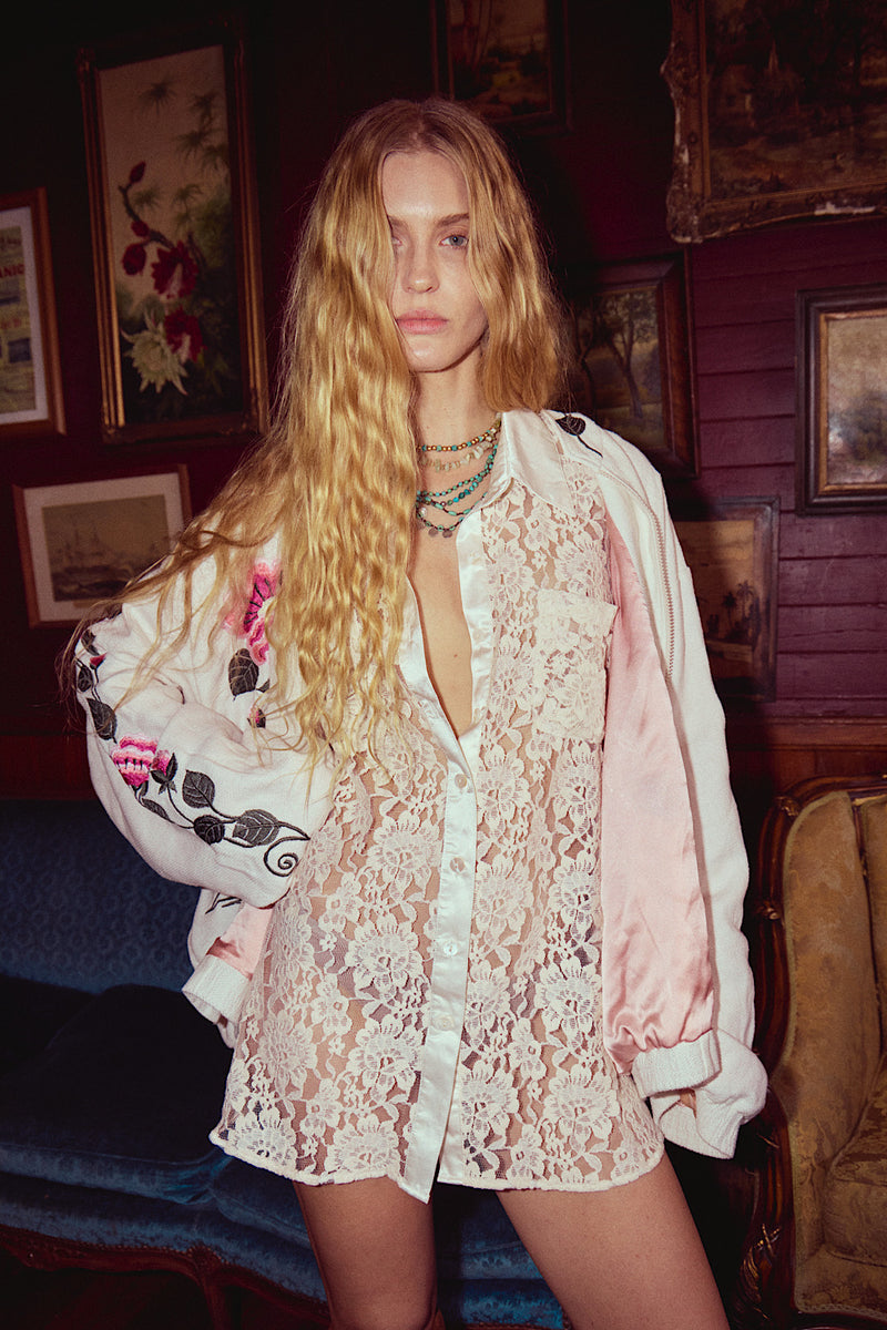 Country Rose Embroidered Cotton + Silk Bomber Jacket