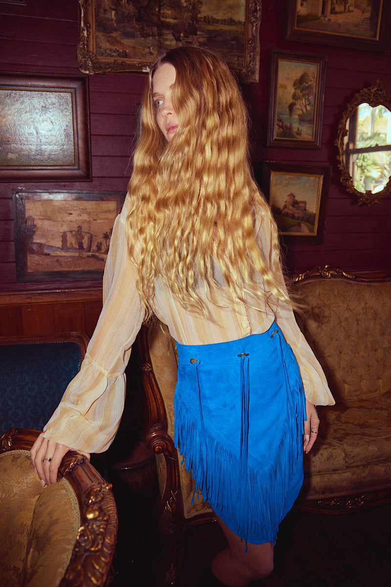 Bluebird Suede Fringe Skirt - Blue