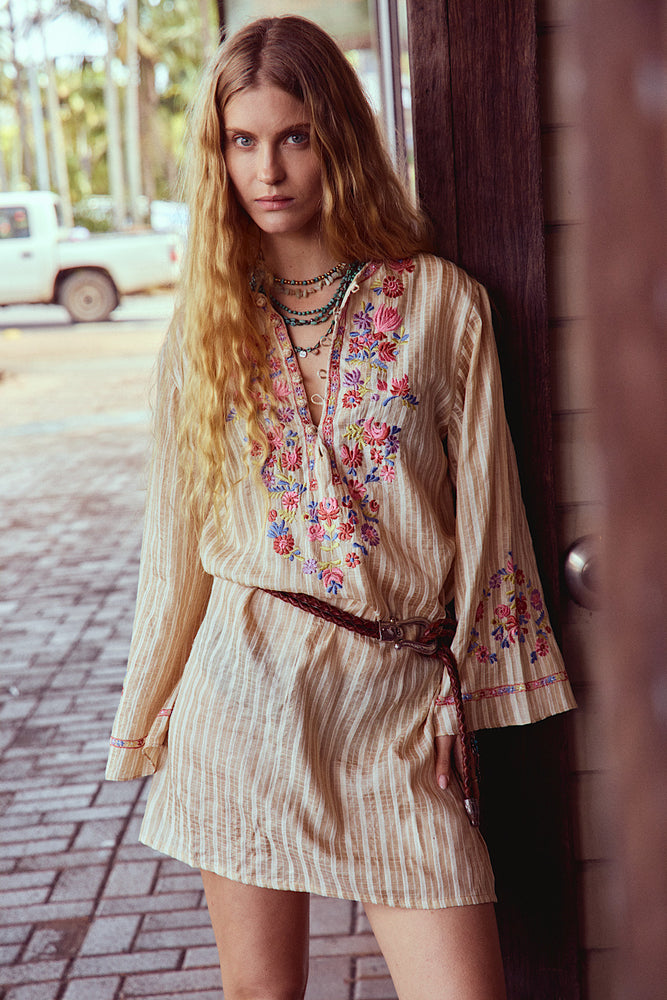 Sweet Pea Embroidered Raw Silk Folk Tunic Dress