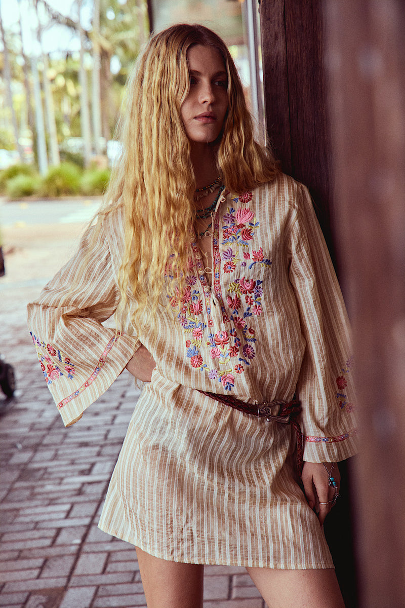 Sweet Pea Embroidered Raw Silk Folk Tunic Dress
