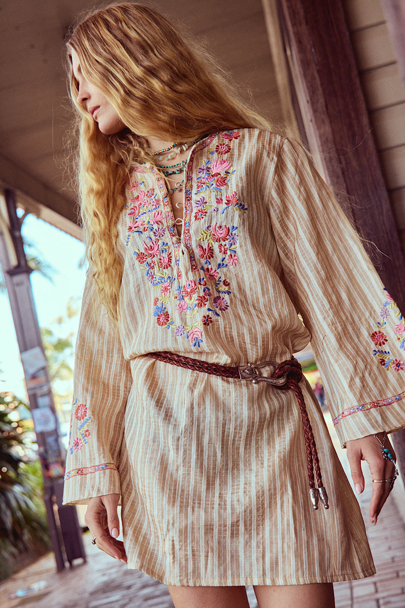 Sweet Pea Embroidered Raw Silk Folk Tunic Dress