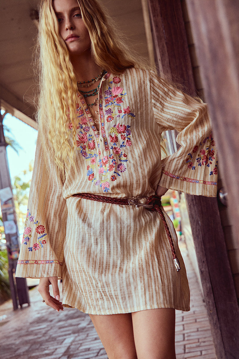 Sweet Pea Embroidered Raw Silk Folk Tunic Dress