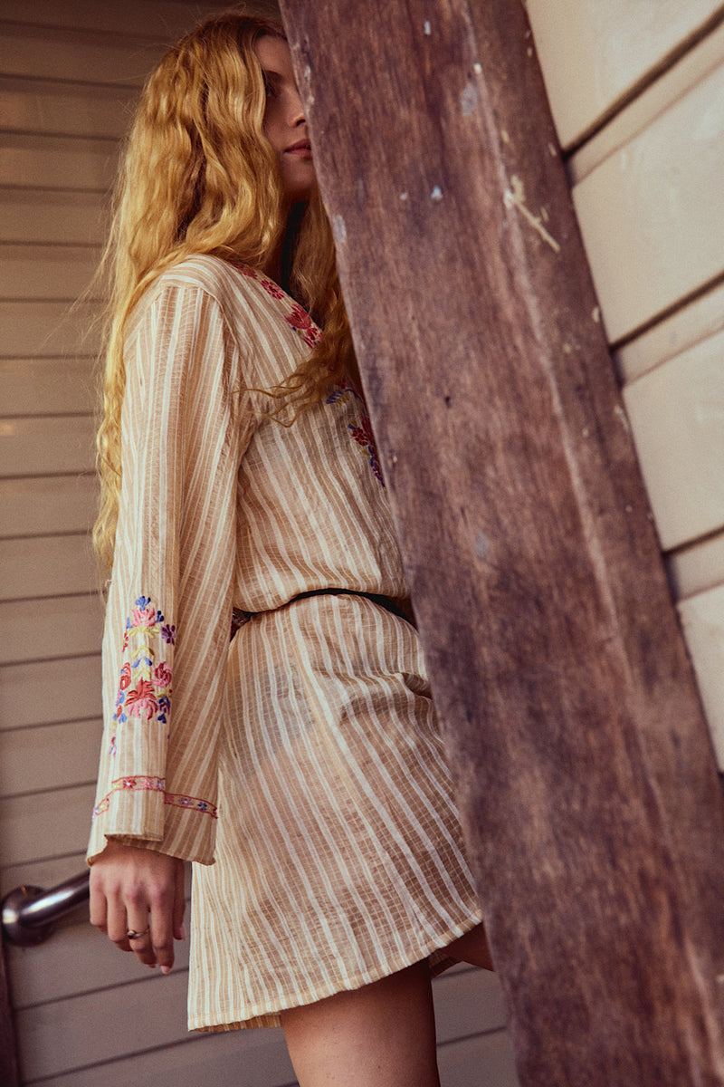 Sweet Pea Embroidered Raw Silk Folk Tunic Dress