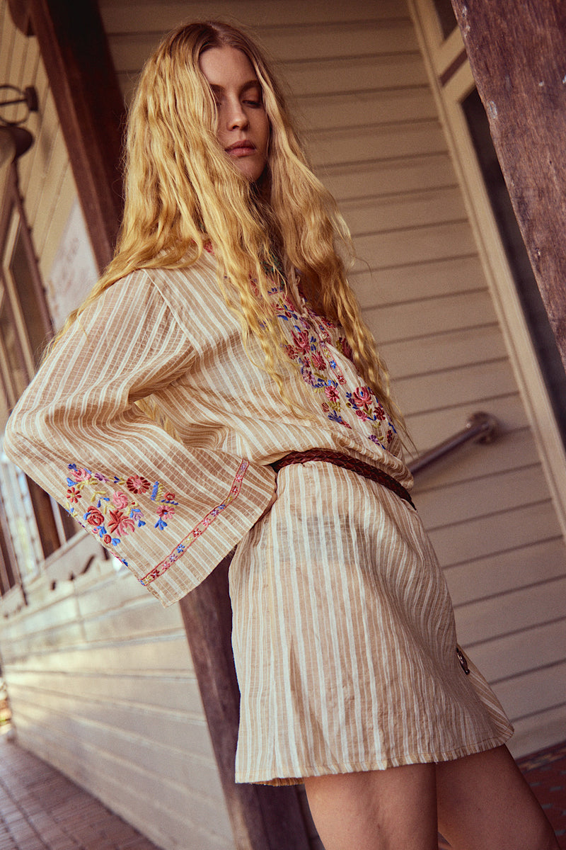 Sweet Pea Embroidered Raw Silk Folk Tunic Dress