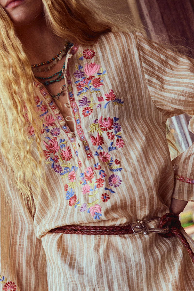 Sweet Pea Embroidered Raw Silk Folk Tunic Dress