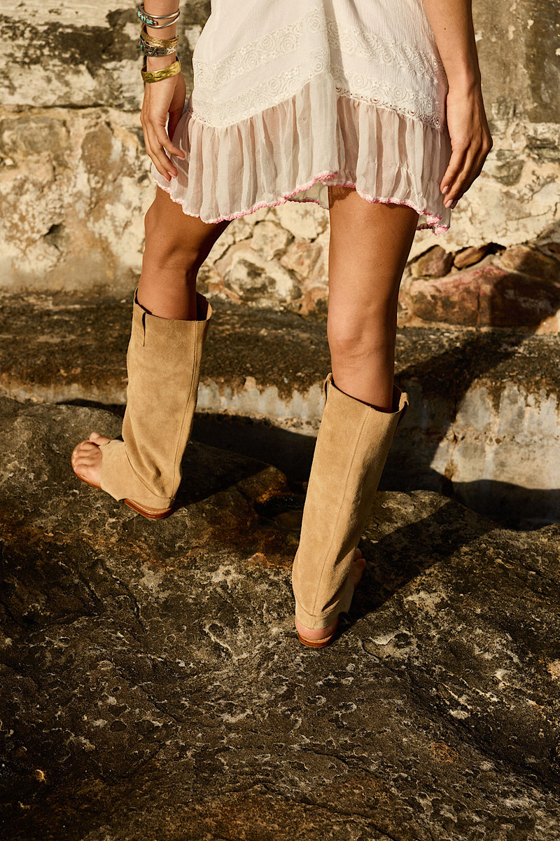Drift Away Suede Open Toe Boots - Tan