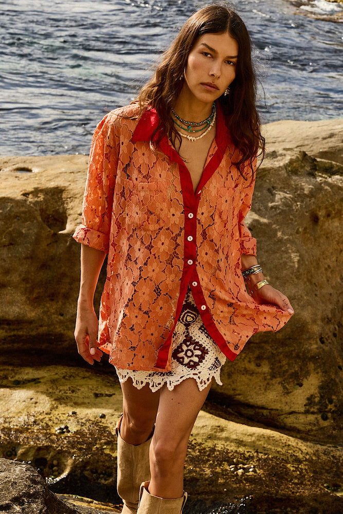 Lorelei Lace + Silk Satin Long Sleeve Shirt - Tangerine