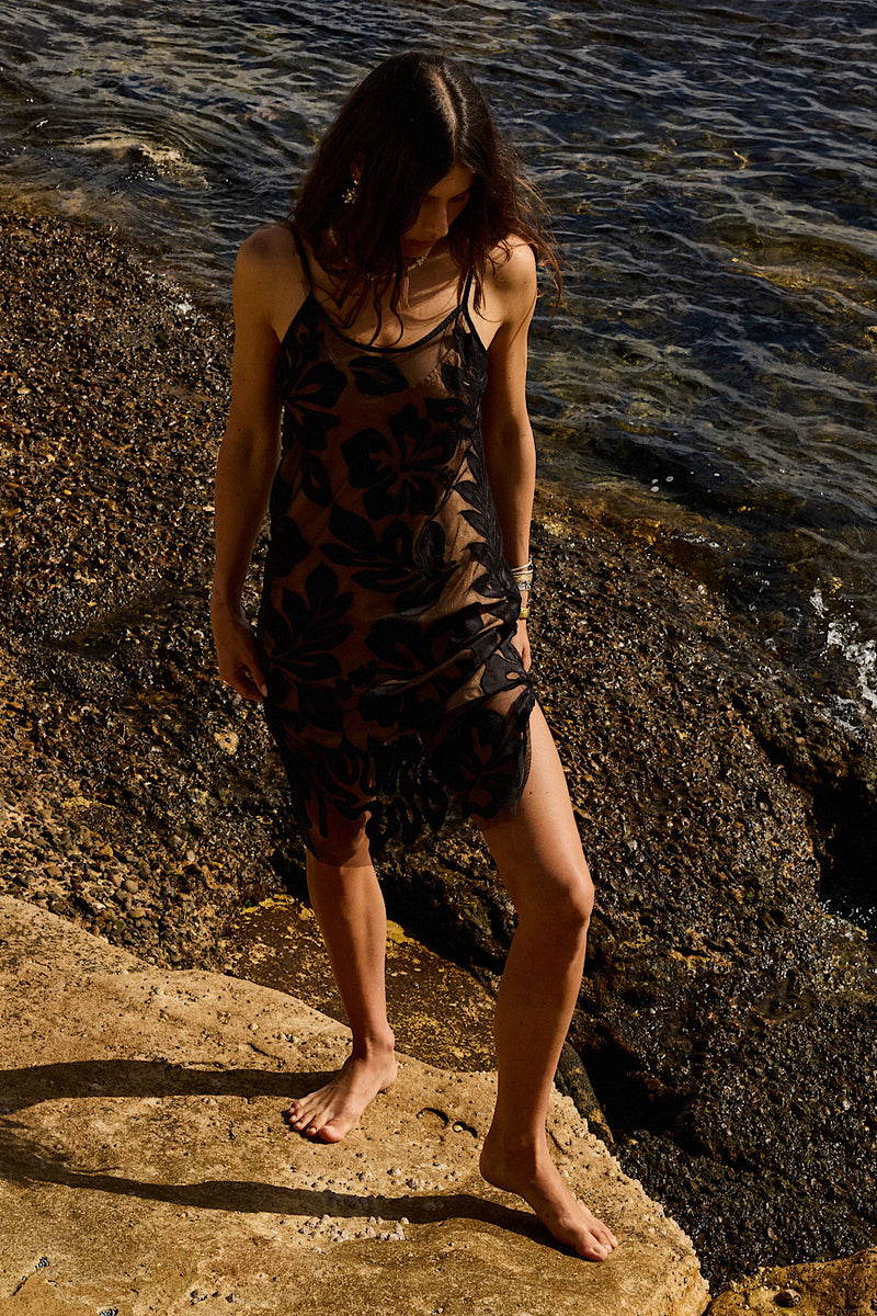 Dance The Night Away Silk Applique Midi Slip Dress - Black