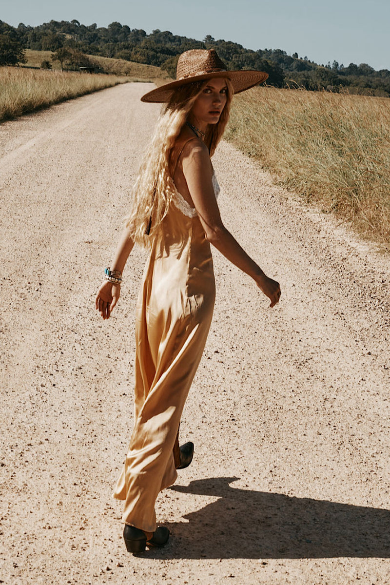 Down in the Valley Silk + Lace Slip Dress - Caramel