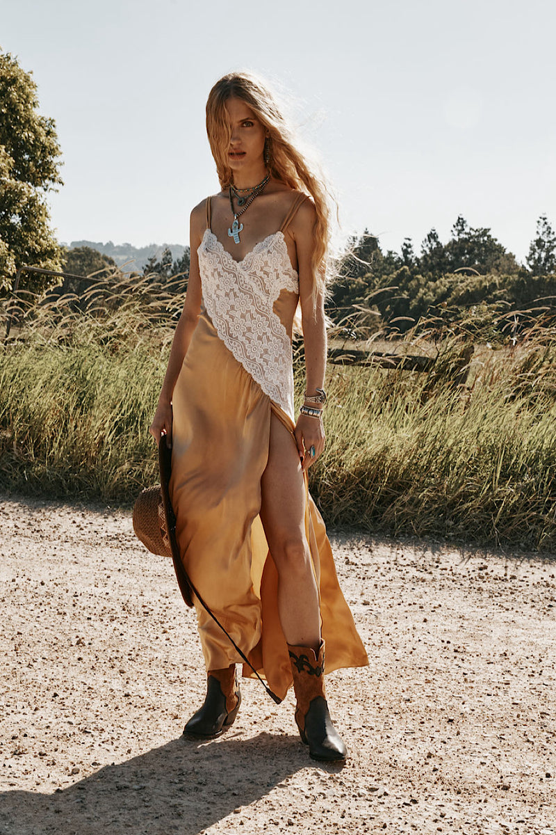 Down in the Valley Silk + Lace Slip Dress - Caramel
