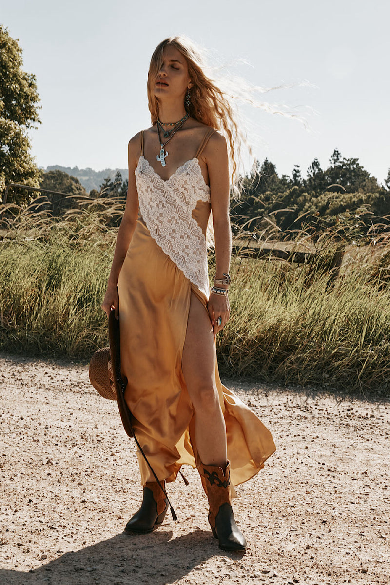 Down in the Valley Silk + Lace Slip Dress - Caramel
