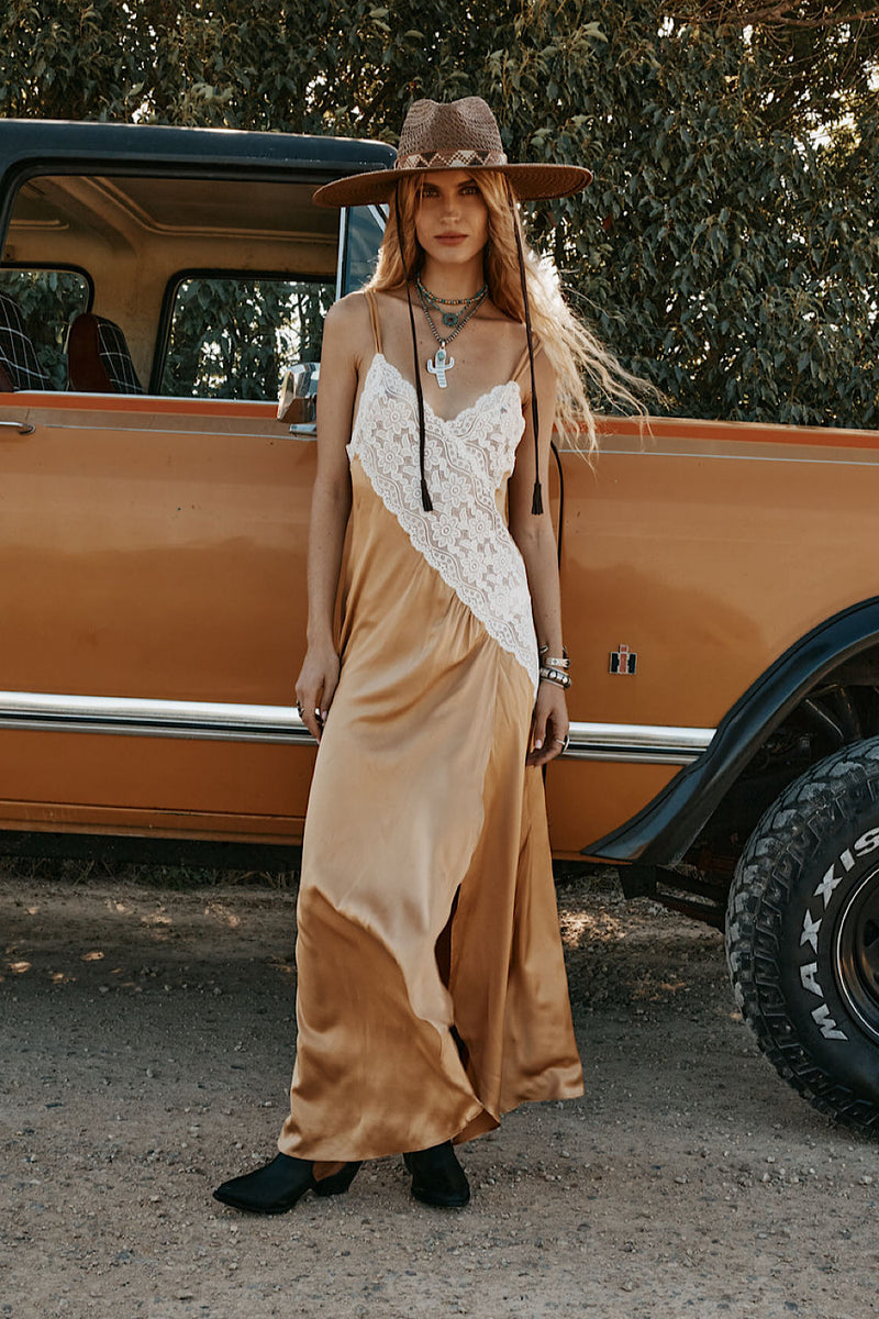 Down in the Valley Silk + Lace Slip Dress - Caramel