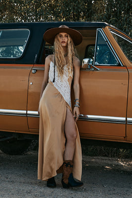 Down in the Valley Silk + Lace Slip Dress - Caramel