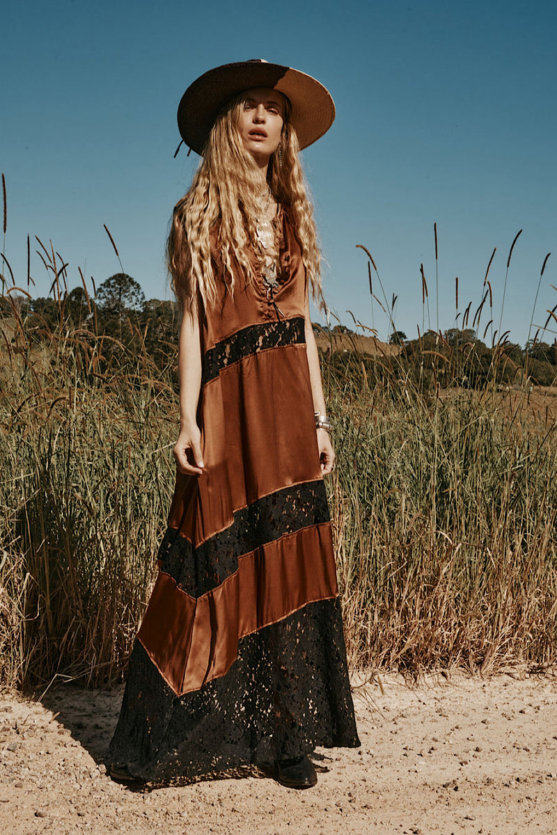 Valley Song Silk + Lace Slip Dress - Golden Amber