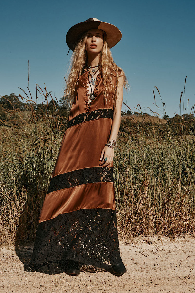Valley Song Silk + Lace Slip Dress - Golden Amber