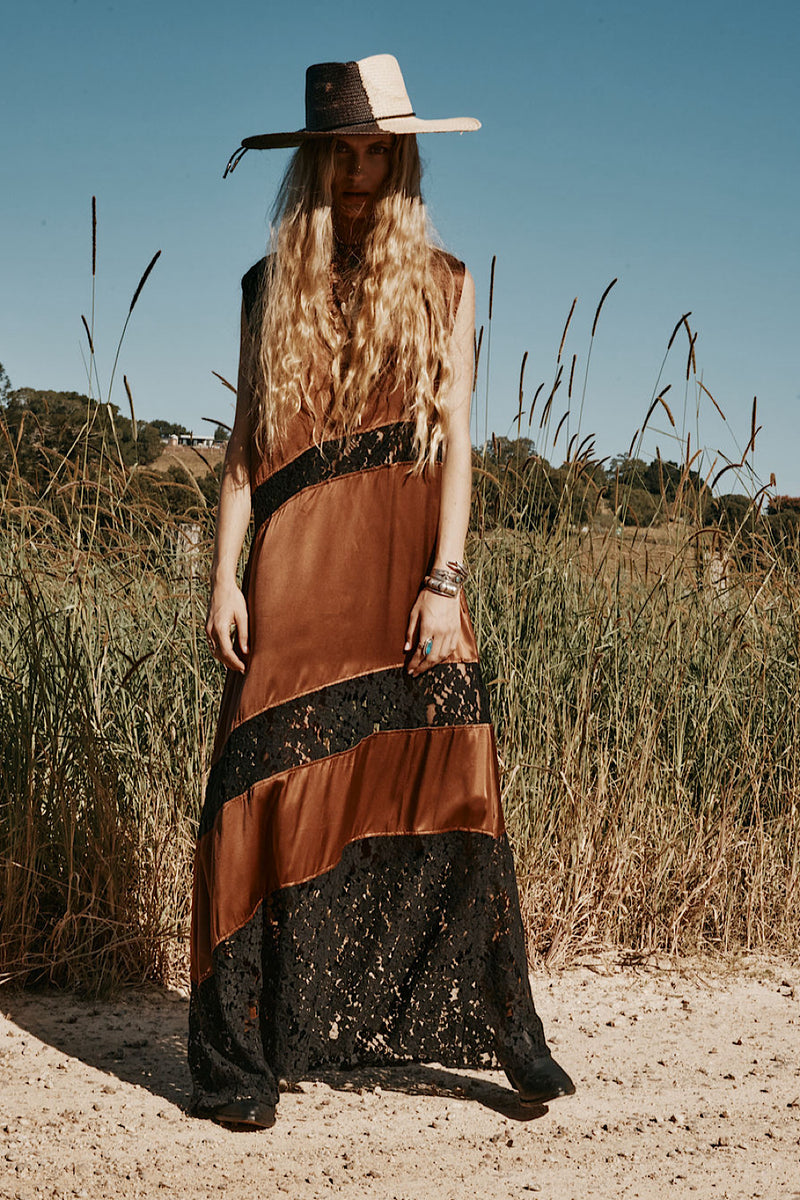 Valley Song Silk + Lace Slip Dress - Golden Amber