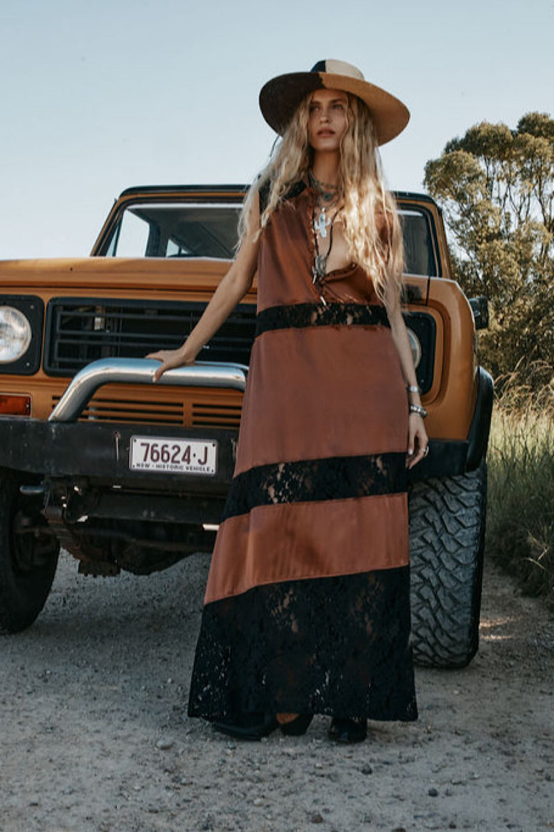 Valley Song Silk + Lace Slip Dress - Golden Amber