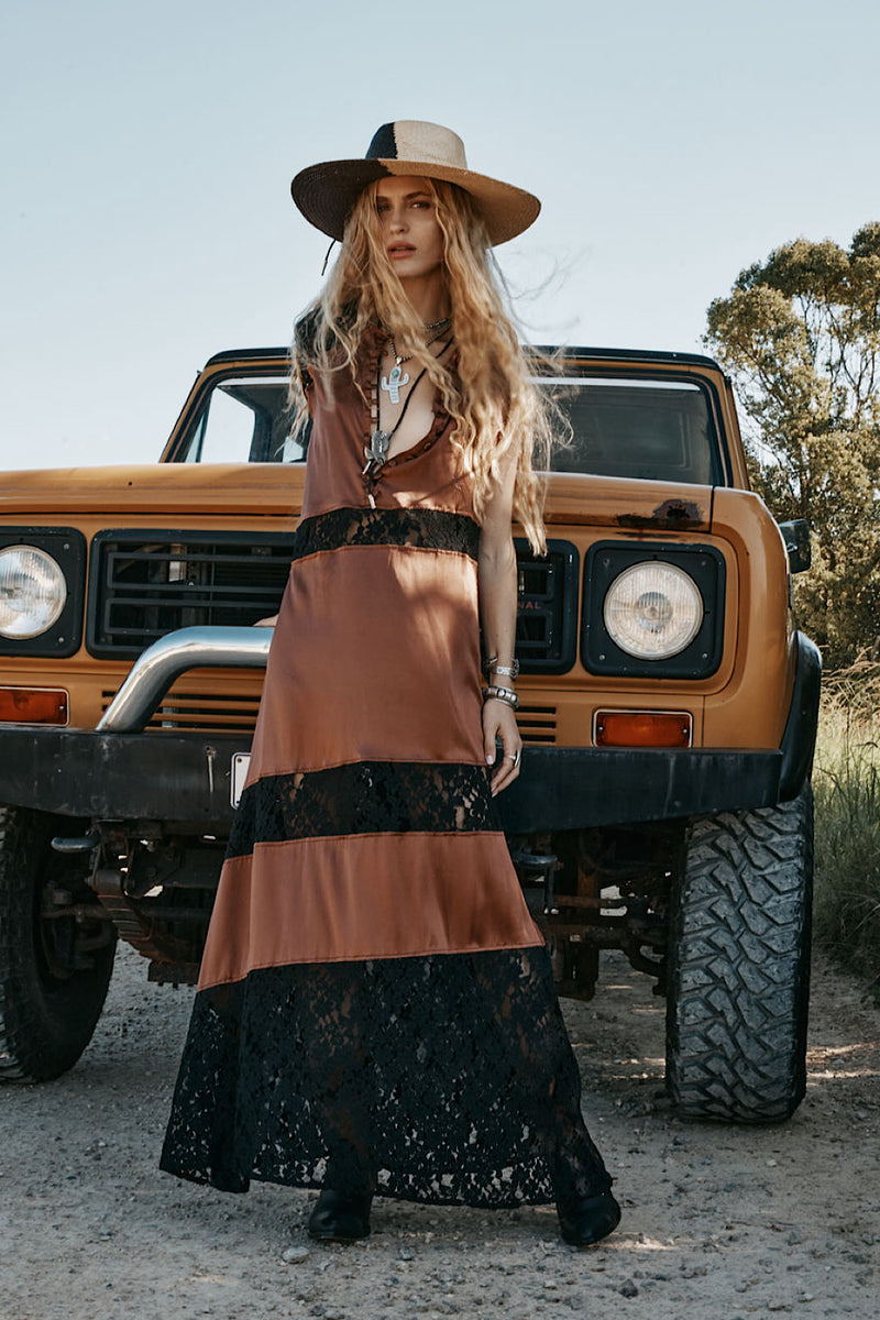 Valley Song Silk + Lace Slip Dress - Golden Amber