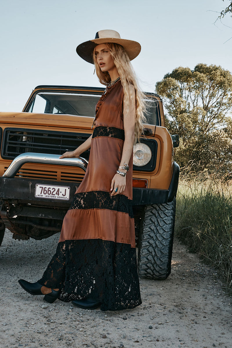 Valley Song Silk + Lace Slip Dress - Golden Amber