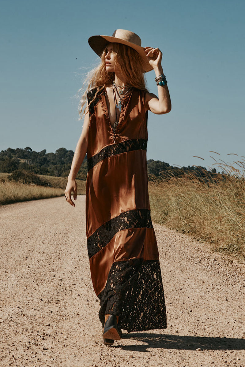 Valley Song Silk + Lace Slip Dress - Golden Amber