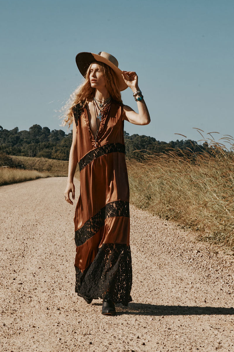 Valley Song Silk + Lace Slip Dress - Golden Amber
