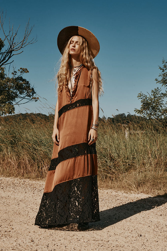 Valley Song Silk + Lace Slip Dress - Golden Amber