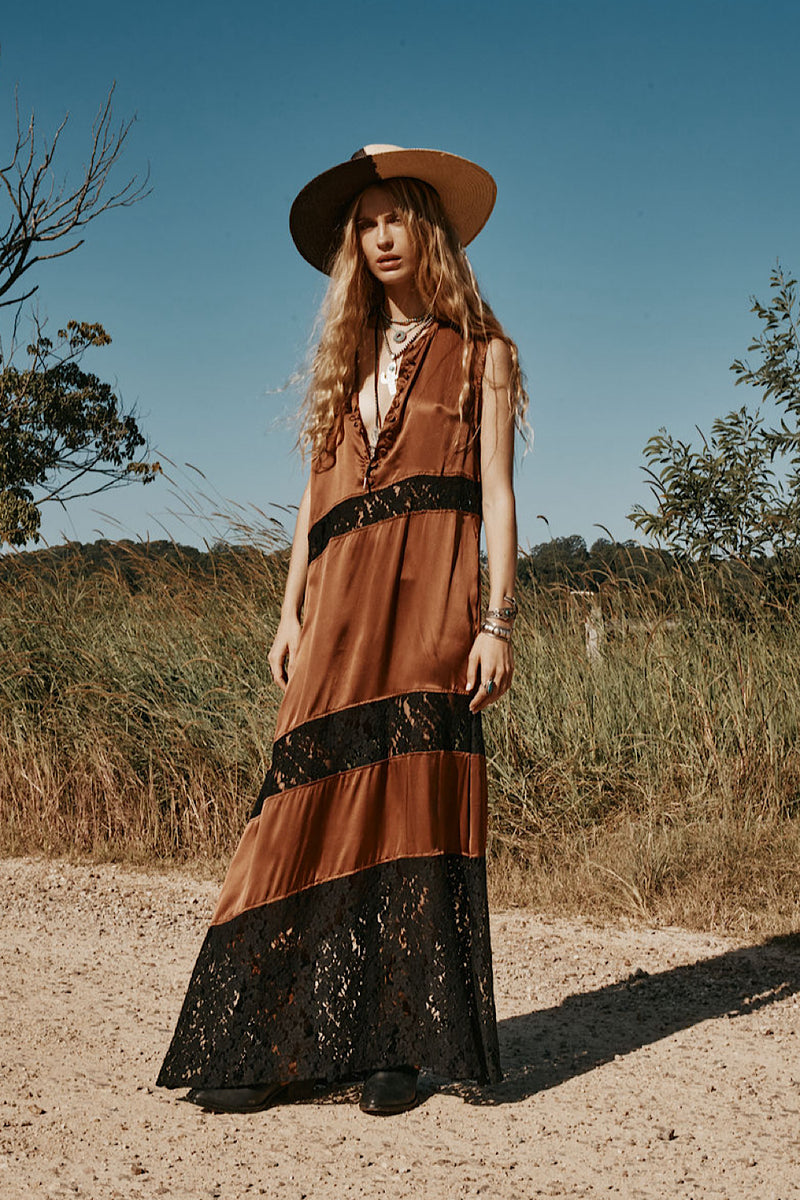 Valley Song Silk + Lace Slip Dress - Golden Amber