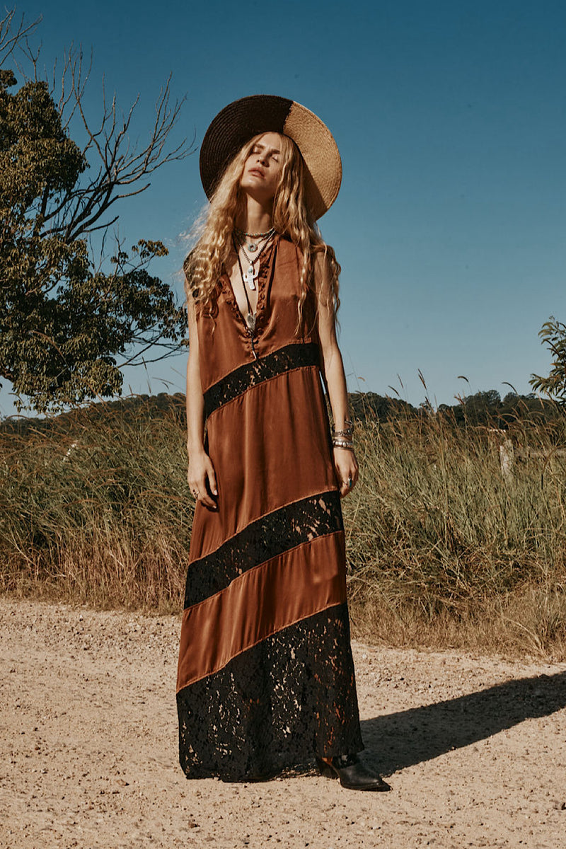Valley Song Silk + Lace Slip Dress - Golden Amber