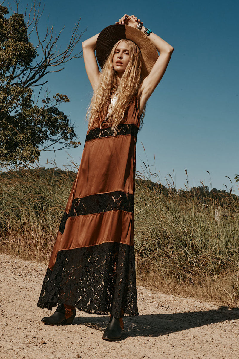 Valley Song Silk + Lace Slip Dress - Golden Amber