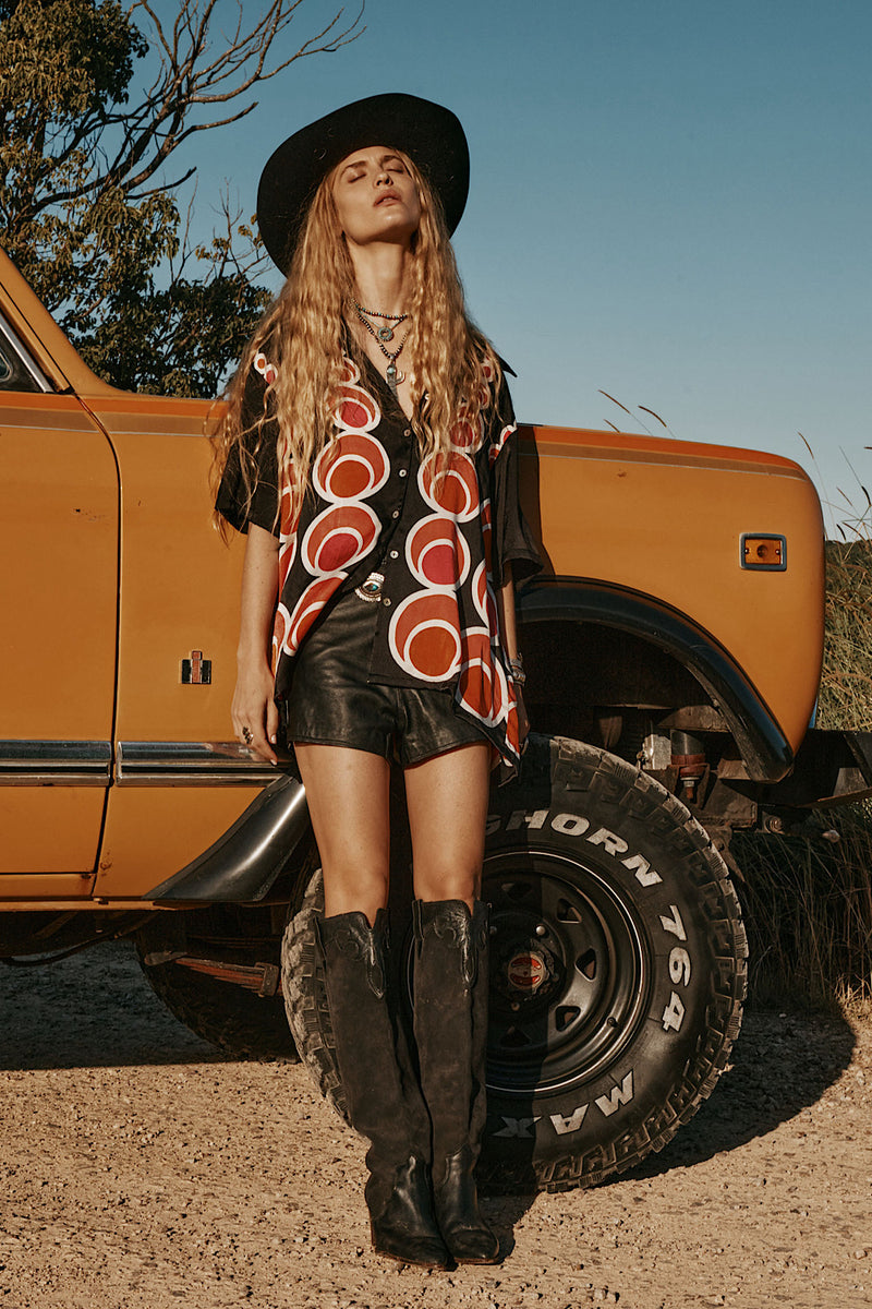 Spinning Wheel Hand Painted Silk Oversized Shirt - Black