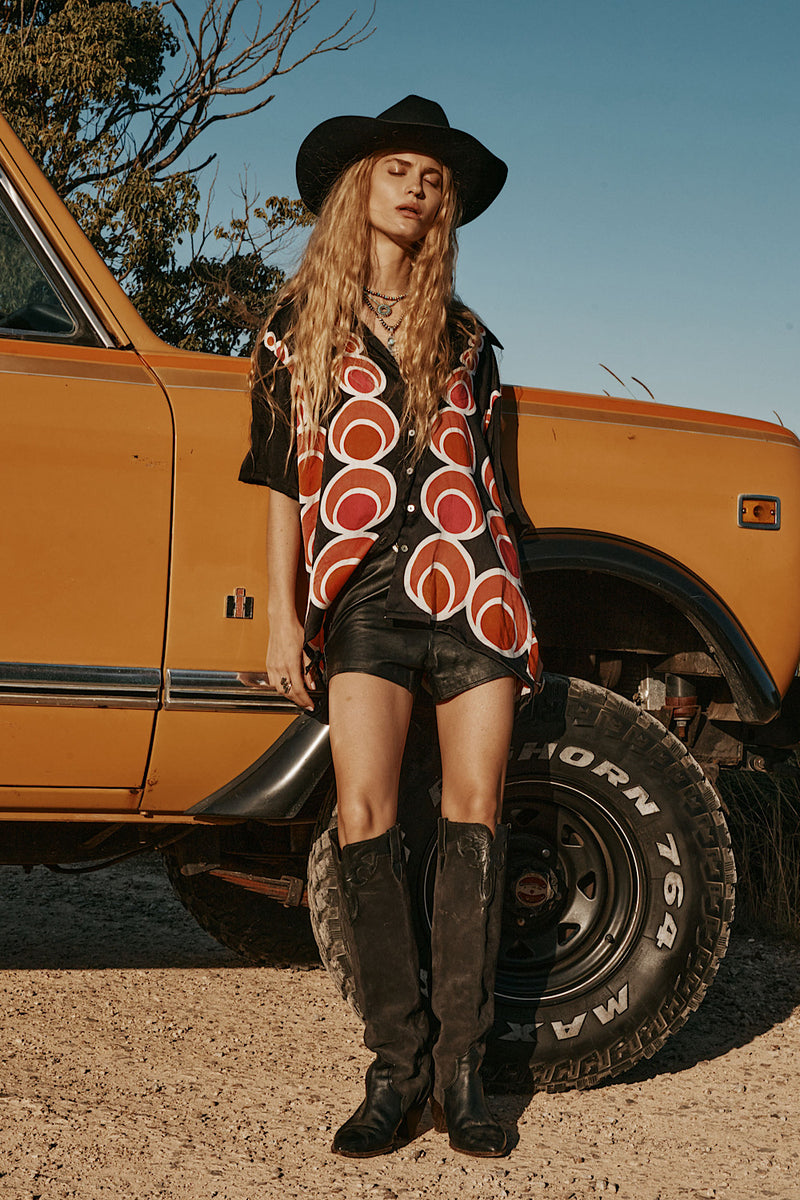 Spinning Wheel Hand Painted Silk Oversized Shirt - Black
