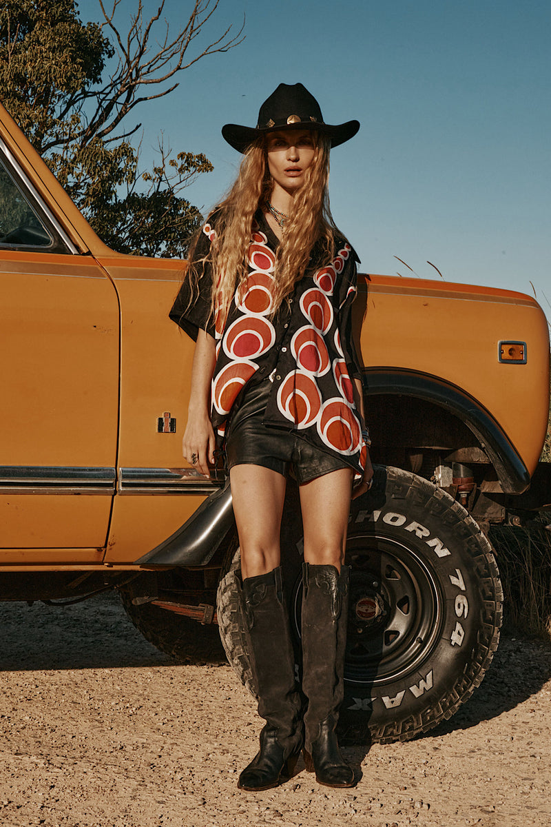 Spinning Wheel Hand Painted Silk Oversized Shirt - Black
