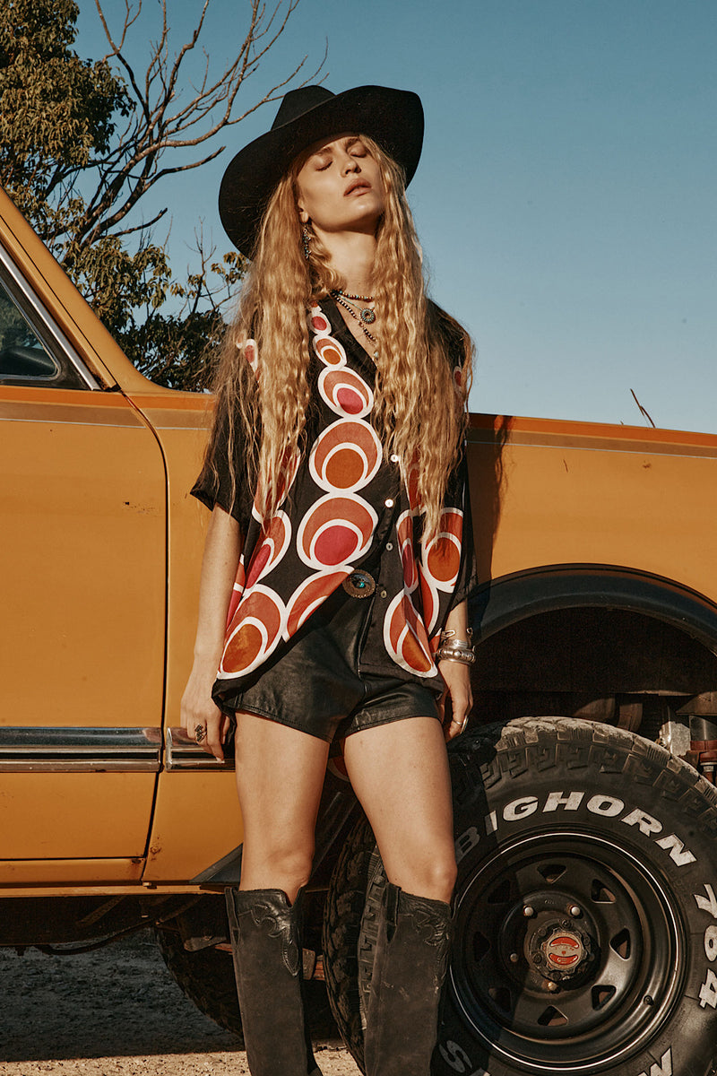 Spinning Wheel Hand Painted Silk Oversized Shirt - Black