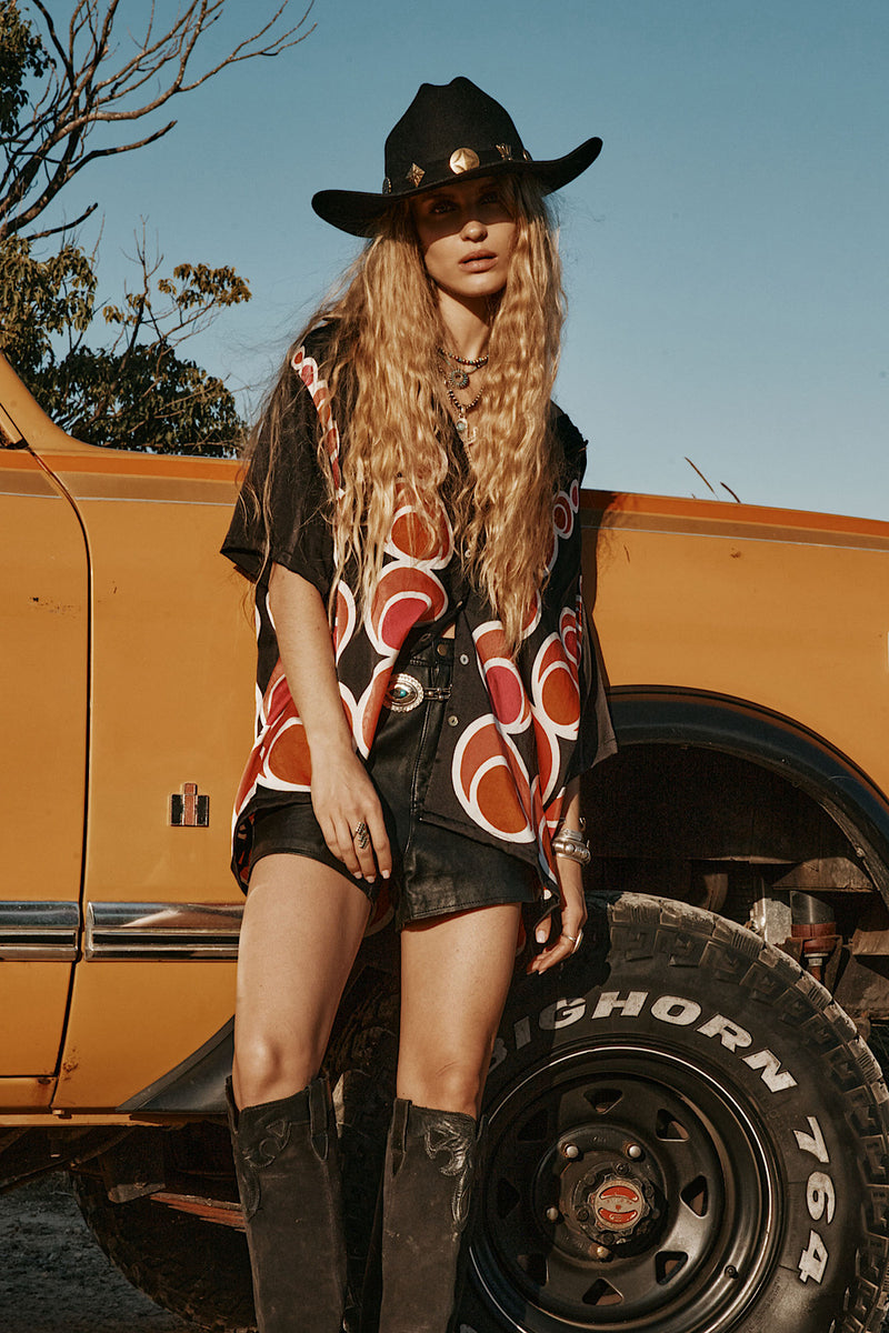 Spinning Wheel Hand Painted Silk Oversized Shirt - Black