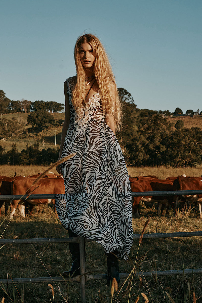 Just For A Moment Silk + Lace Maxi Dress - Zebra