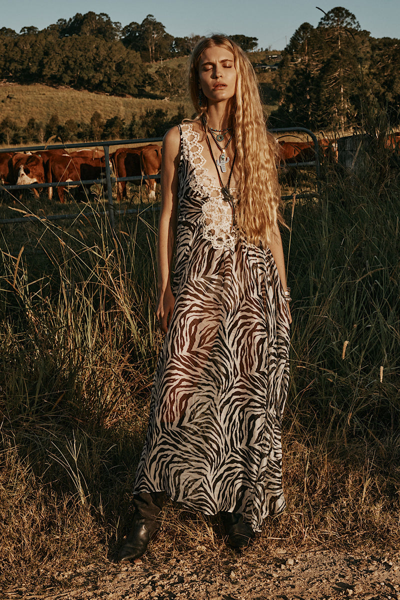 Just For A Moment Silk + Lace Maxi Dress - Zebra