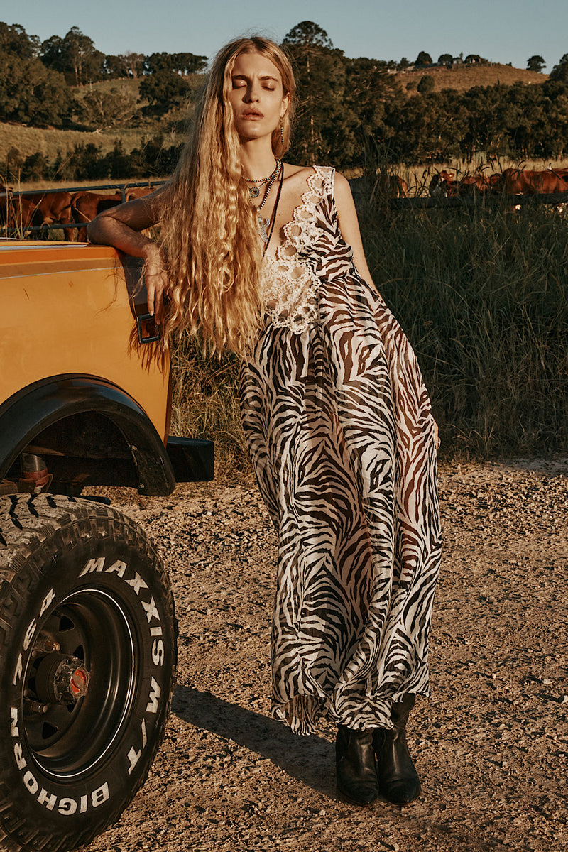 Just For A Moment Silk + Lace Maxi Dress - Zebra