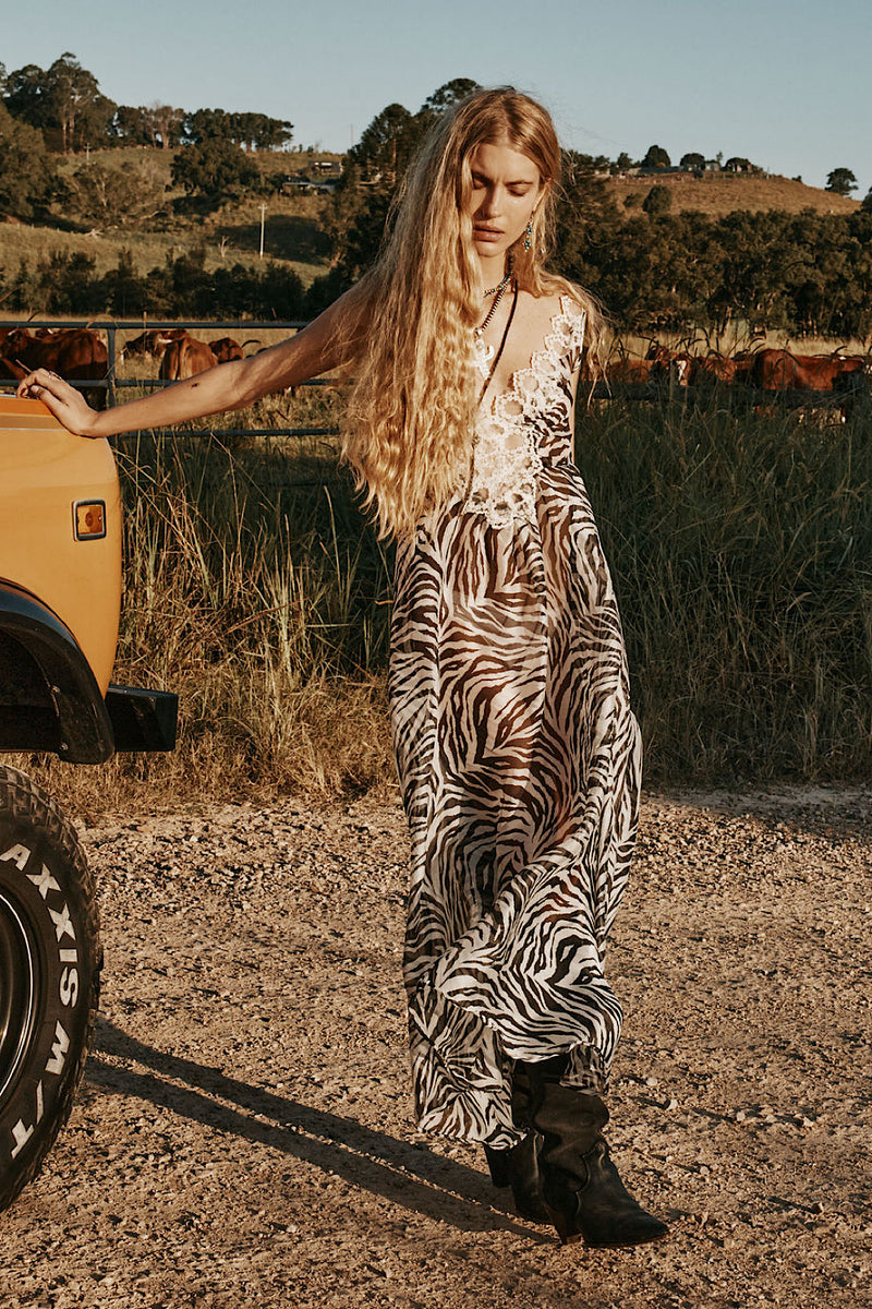 Just For A Moment Silk + Lace Maxi Dress - Zebra
