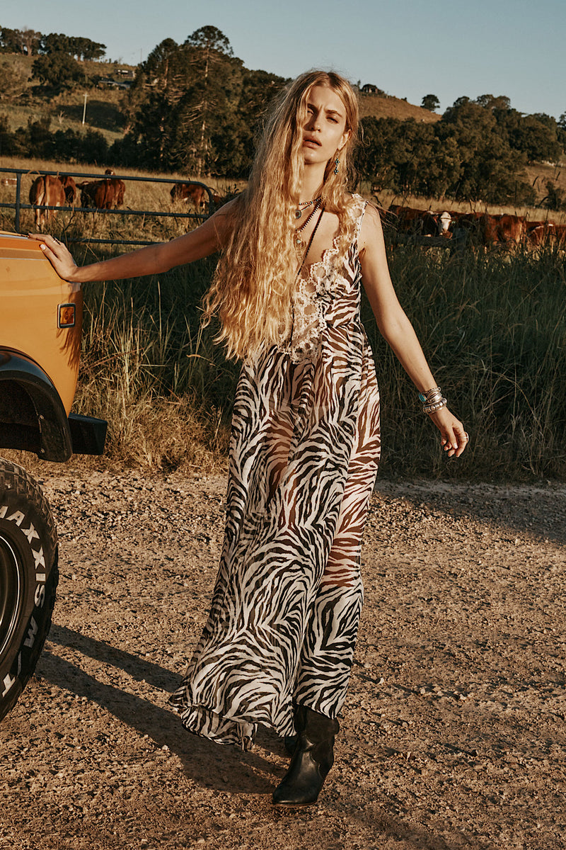 Just For A Moment Silk + Lace Maxi Dress - Zebra