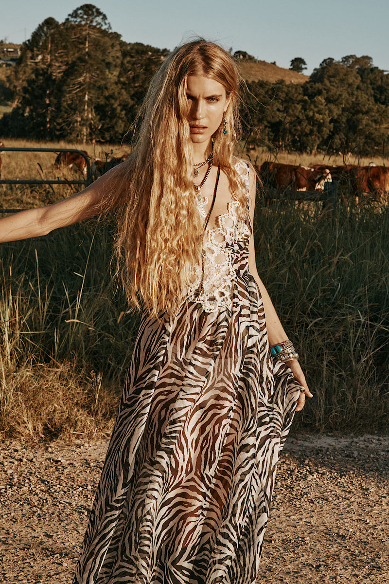 Just For A Moment Silk + Lace Maxi Dress - Zebra