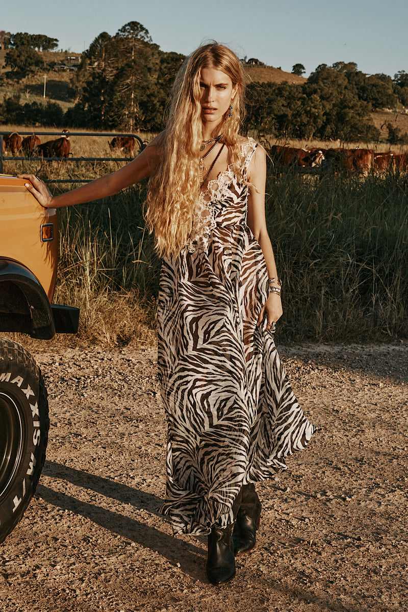 Just For A Moment Silk + Lace Maxi Dress - Zebra