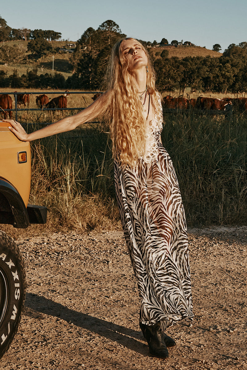 Just For A Moment Silk + Lace Maxi Dress - Zebra
