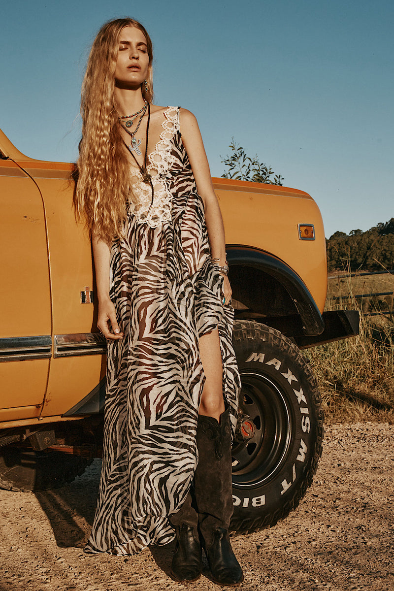 Just For A Moment Silk + Lace Maxi Dress - Zebra
