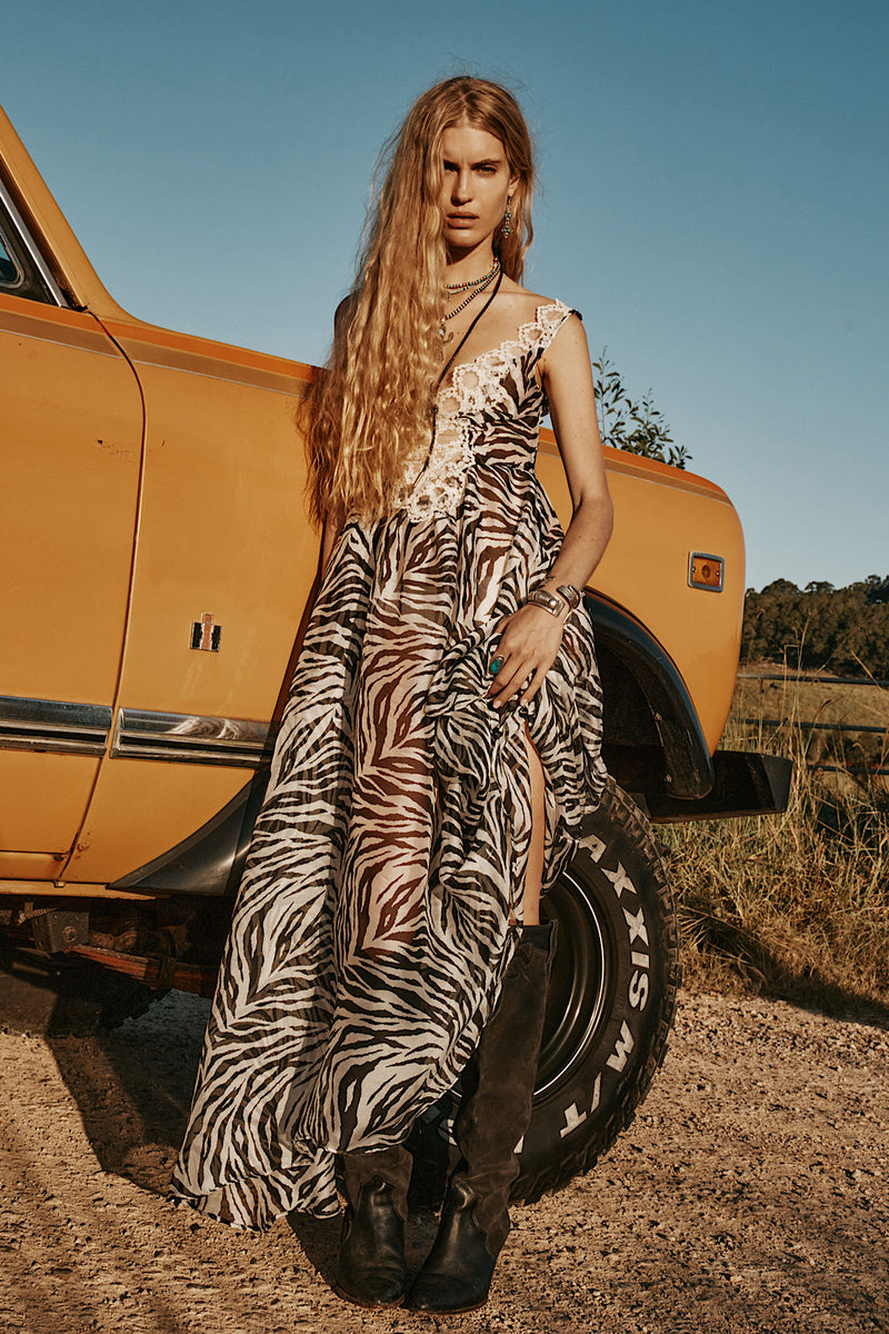 Just For A Moment Silk + Lace Maxi Dress - Zebra