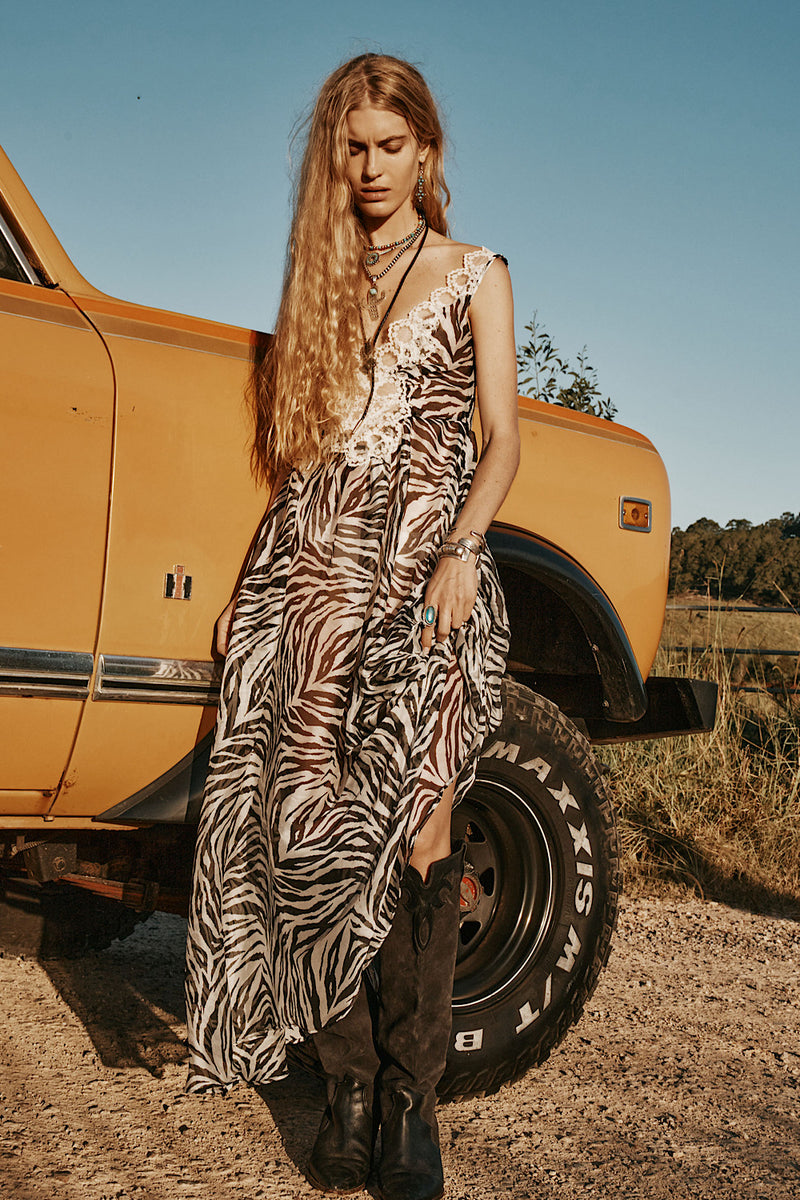 Just For A Moment Silk + Lace Maxi Dress - Zebra